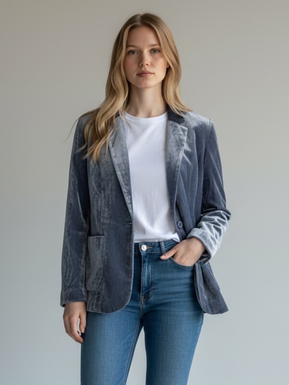 Sundance Velvet Silk Blazer in Steel Slate Blue with Purple Floral Lining